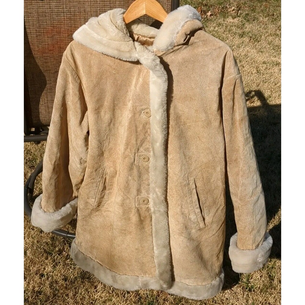 Wilson's Leather Suede Hooded Coat Faux Fur Trim Quilted Lined Women Size Large